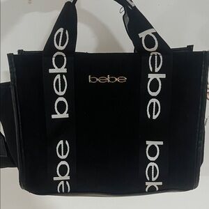 bebe Black Tote with Logo Strap and Gold Emblem